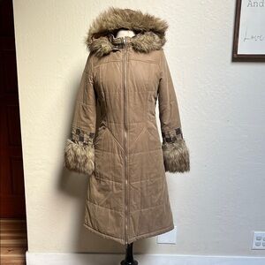 Dayarn long fur lined hooded tan jacket